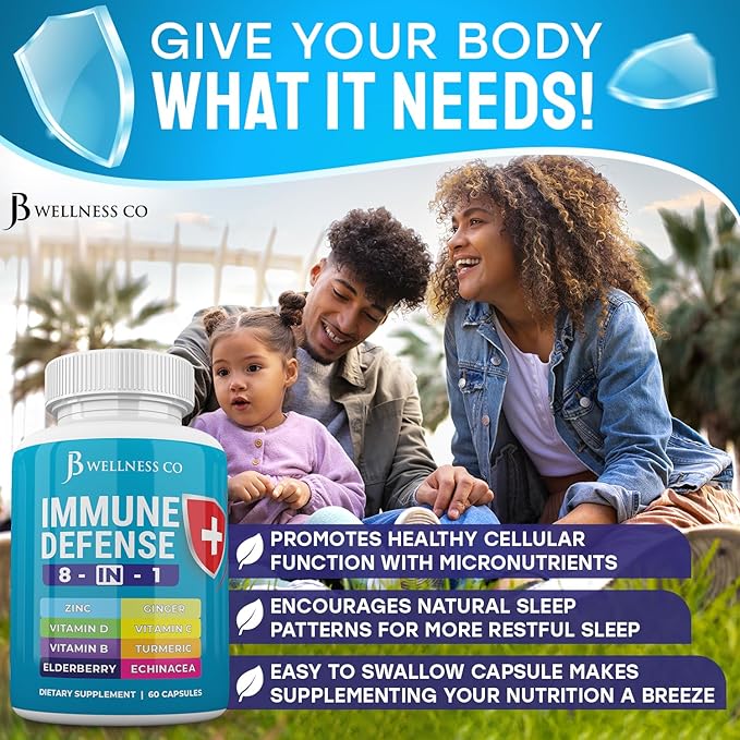 Immune Support 8 in 1 Capsules - Zinc Supplement, Vitamin D3, Vitamin C and Elderberry - Immune Booster Supplement with Echinacea, Ginger Root, and Turmeric - [3-Pack, 180 Count]