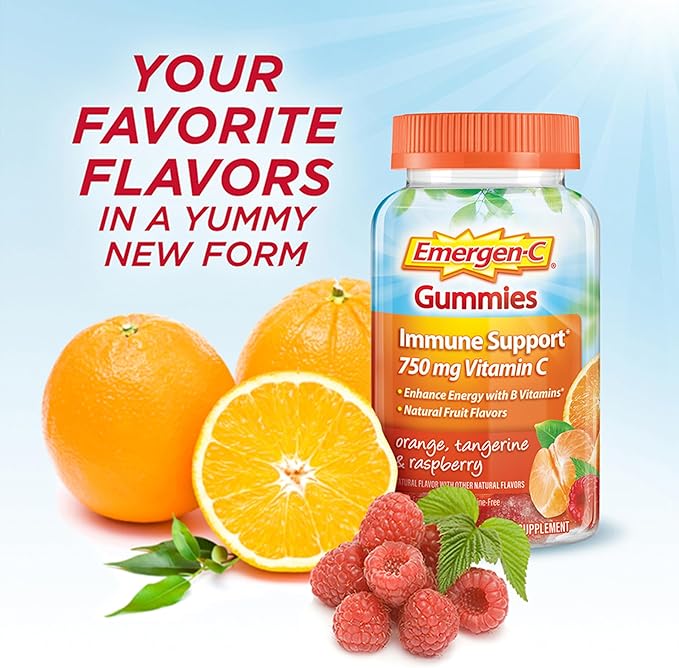 Emergen-C 750mg Vitamin C Gummies for Adults, Immunity Gummies with B Vitamins, Gluten Free, Orange, Tangerine and Raspberry Flavors, 45 Count (Pack of 1)