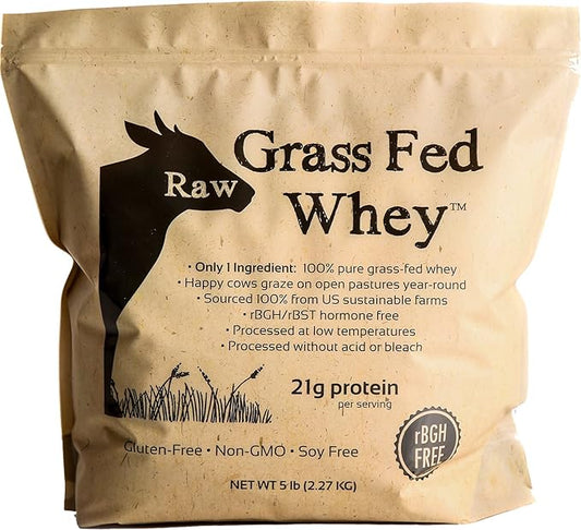 Raw Grass Fed Whey Protein Powder, Happy Healthy Cows, Undenatured, GMO-Free, Hormone Free, Soy Free, Gluten Free, Unflavored, Unsweetened, 5LB