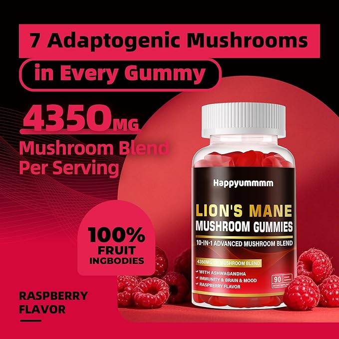 Mushroom Gummies - 10x Mushroom Supplement with Ashwagandha and Lions Mane (90 Chews) Nootropic Brain Supplement, Immune Support & Stress Relief-Raspberry Flavor