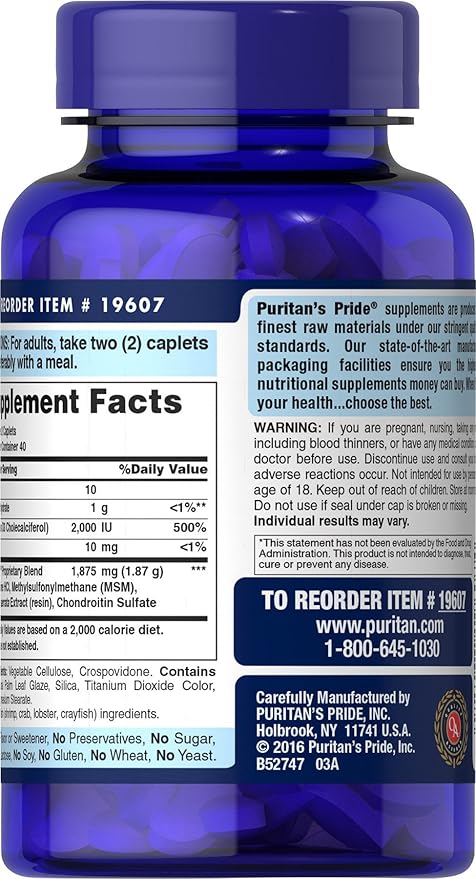 Puritan's Pride Advanced Glucosamine Chondroitin MSM With Vitamin D3 50mcg (2000 IU), Dietary Supplement for Joint Health, 80 Coated Tablets