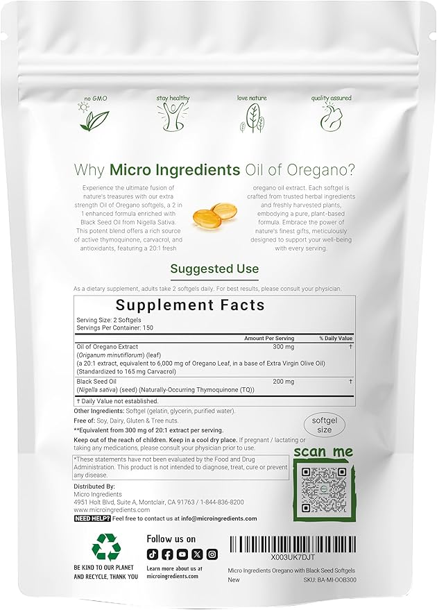 Micro Ingredients Oil of Oregano Softgels 300 Count & Vegan Omega 3 Algae Oil Supplement Bundle 2 Pack | Carvacrol & Thymoquinone | Full Spectrum Omega-3 Alternative