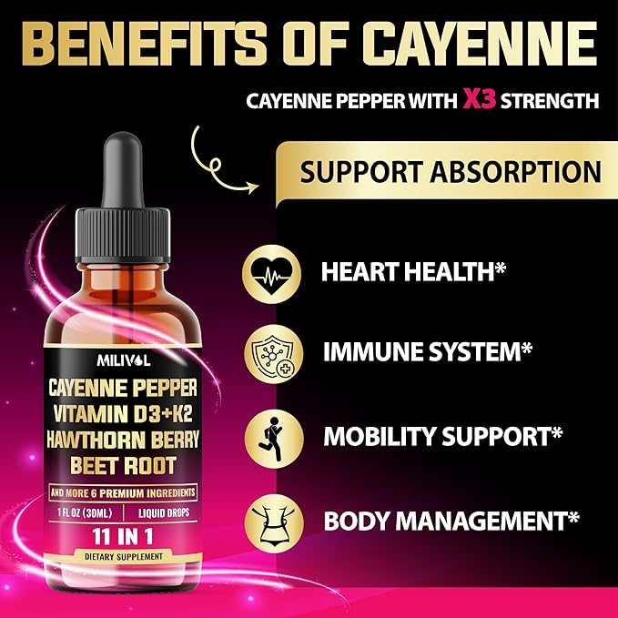 11in1 Cayenne Pepper Liquid Drops with Hawthorn Berry, Vitamin D3, K2, Berberine, Bitter Melon, Turmeric & More – for Heart & Immune Support – 1 FL Oz – 60 Days Supply