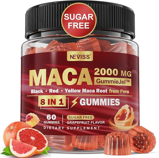 Maca Root Filled Gummies for Women Men | Sugar Free | Made in USA | Organic Black, Red, Yellow Maca Root Supplement Gummy 2000mg with Ashwagandha Ginseng | Vegan, Non-GMO, Grapefruit Flavor, 60 Count