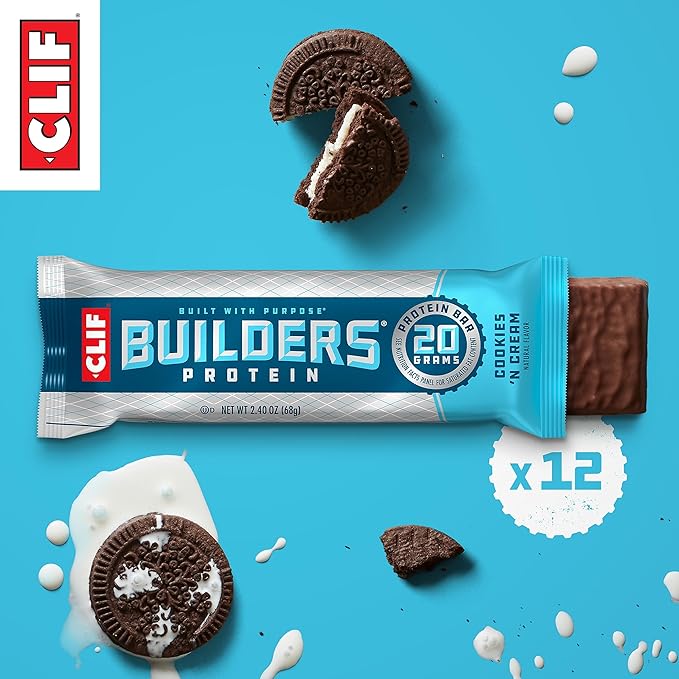 CLIF BUILDERS Protein Bars - Cookies 'n Cream Flavor - 20g Plant Based Protein - Gluten Free - Non-GMO - Low Glycemic - No Artificial Sweeteners - 2.4 oz. (12 Pack)