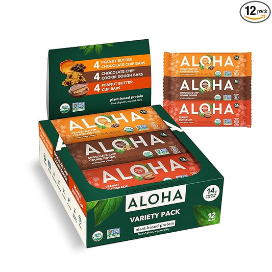 ALOHA Organic Plant Based Protein Bars - 3 Flavor Variety Pack - 12 Count, 1.9oz Bars - Vegan Snacks, Low Sugar, Gluten-Free, Low Carb, Paleo, Non-GMO, Stevia-Free, No Sugar Alcohol Sweeteners