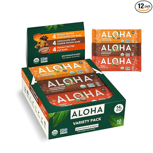 ALOHA Organic Plant Based Protein Bars - 3 Flavor Variety Pack - 12 Count, 1.9oz Bars - Vegan Snacks, Low Sugar, Gluten-Free, Low Carb, Paleo, Non-GMO, Stevia-Free, No Sugar Alcohol Sweeteners