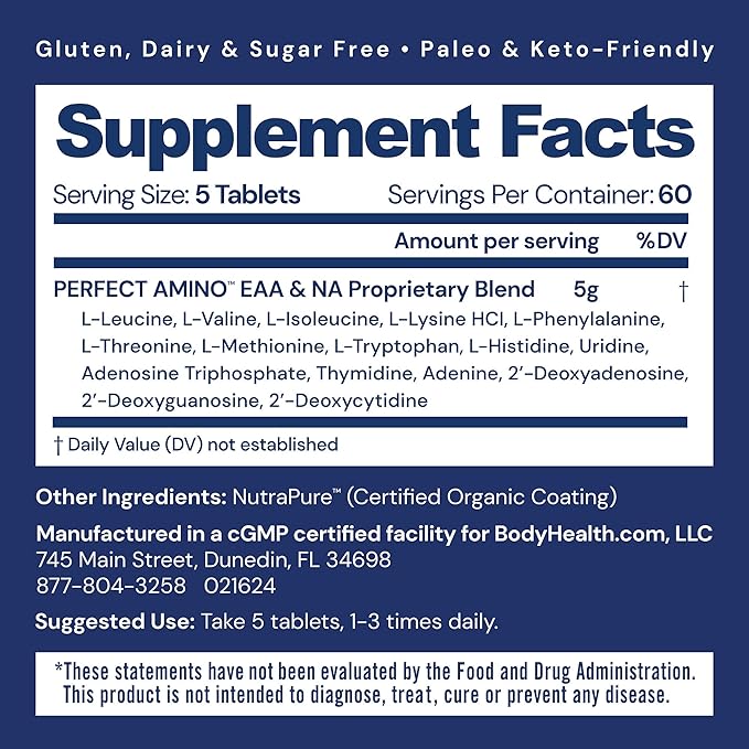 BodyHealth PerfectAmino (300 ct) Easy to Swallow Tablets, Essential Amino Acids Supplement with BCAAs, Vegan Protein for Pre/Post Workout & Muscle Recovery with Lysine, Tryptophan, Leucine, Methionine