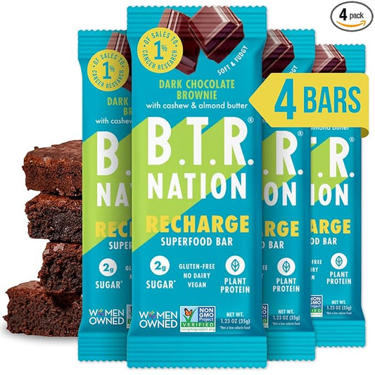 B.T.R. Nation Vegan Keto Superfood Protein Bars - Brownie RECHARGE | 4 Bars | Low Carb, Plant Based, and Gluten Free, Free of Sugar Alcohols and Boosted with Powerful Superfoods!
