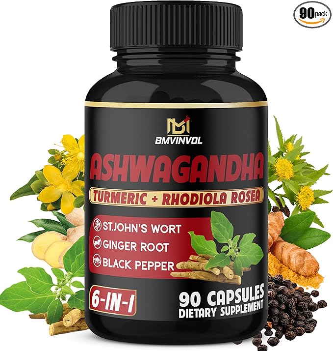 Ashwagandha Capsules with Turmeric, St.John's Wort, Rhodiola Rosea, Ginger, and Black Pepper - 90 Count - 3 Month Supply
