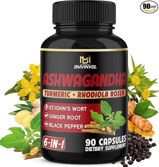 Ashwagandha Capsules with Turmeric, St.John's Wort, Rhodiola Rosea, Ginger, and Black Pepper - 90 Count - 3 Month Supply
