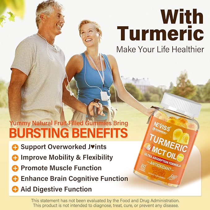 Turmeric Gummies 1000mg w/MCT Oil C8 C10, Organic Antioxidant, Sugar Free Turmeric Curcumin Supplement + Black Pepper Extract Support Flexible & Comfort, Digestion, Energy, Ultra Absorption, 60 Counts