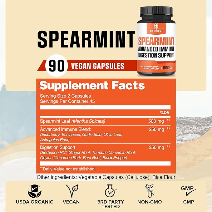 1000mg Spearmint Capsules with Elderberry, Echinacea, Berberine HCI & More - Support Digestive, Relaxation Mood, Respiratory Function & Immune System - 90 Veggie Capsules
