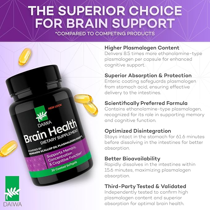 Daiwa Brain Health Supplement for Adults - Plasmalogen Focus Supplement for Memory and Concentration - Cognitive Brain Booster with 50mg of Hokkaido Scallop Oil Plasmalogen (HSOP) - 30/ct