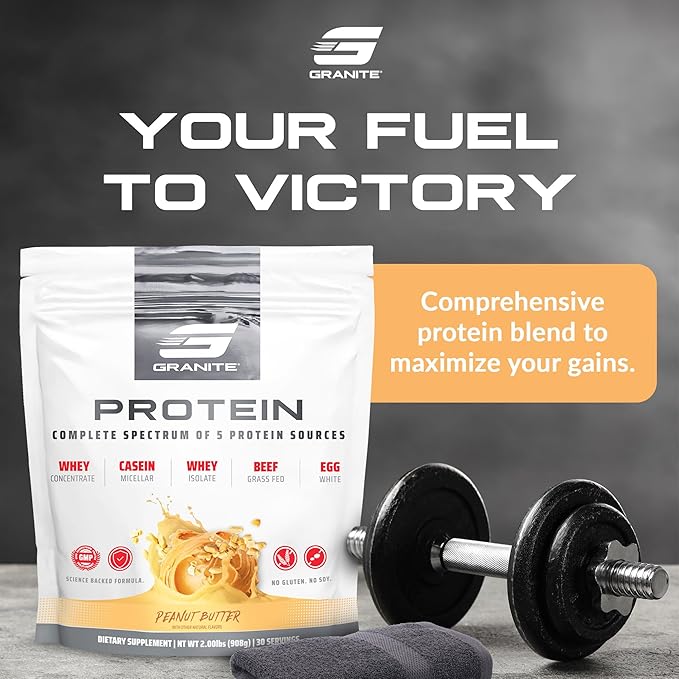 Granite Nutrition Protein Powder - Premium 5-Source Blend (Whey, Casein, Egg, Grass-Fed Beef) for Lean Muscle and Recovery - Peanut Butter Flavor, 30 Servings