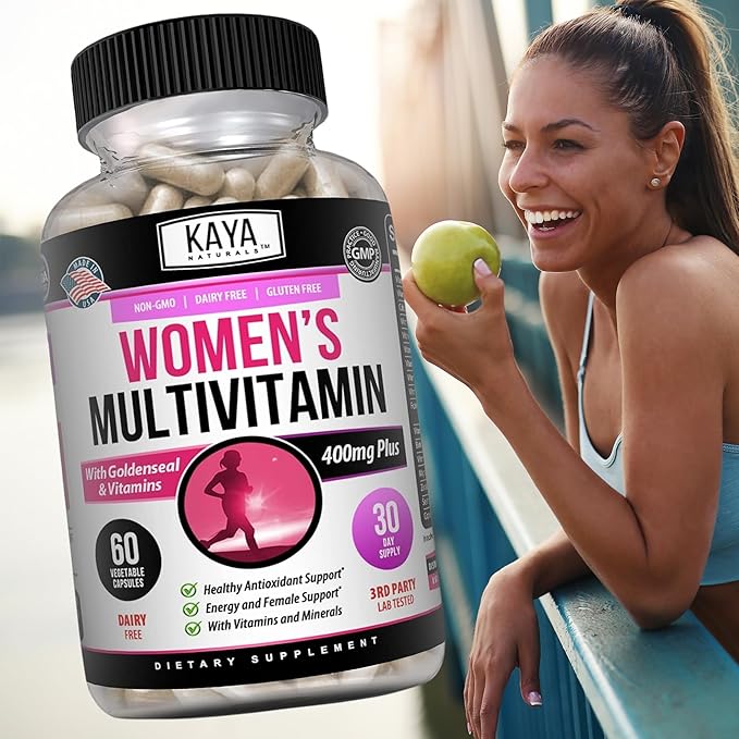 Kaya Naturals Women's Multivitamin, Overall Healthy Antioxidant, and Immune Support, Vitamins A, D, C, E, Biotin, Folic Acid, & Multi-Mineral, Energy & Metabolism Vitamin Supplement 60 Count