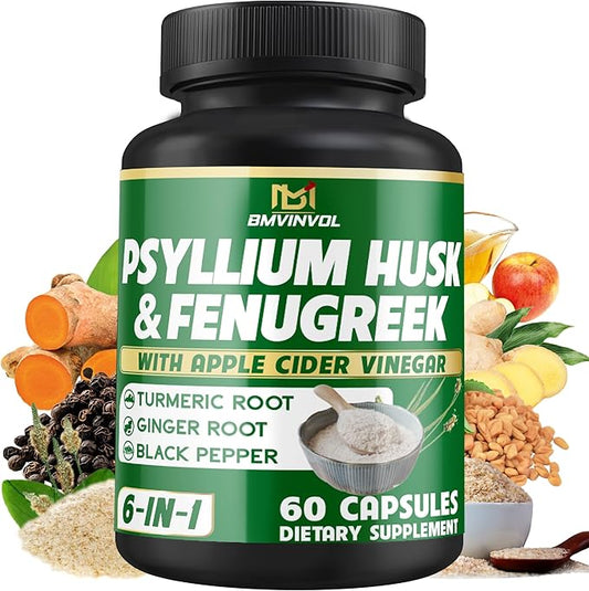 BMVINVOL Psyllium Husk Fiber Supplement t with Fenugreek, Apple Cider Vinegar, Turmeric, Ginger, Black Pepper- Digestion Health Support - 60 Capsules
