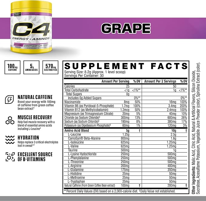 Cellucor C4 Energy + Aminos Powder | 5g BCAAs & EAAs for Muscle Recovery, 3 Electrolytes for Hydration, 100mg Natural Caffeine | Pre Workout | Zero Sugar, 30 Servings, Grape