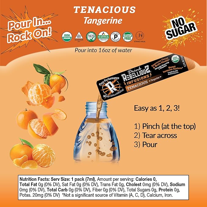 Tenacious Tangerine Organic Energy Drink Mix – No Sugar, Loaded with Antioxidants, L-Theanine, and Natural Caffeine – 10 Count