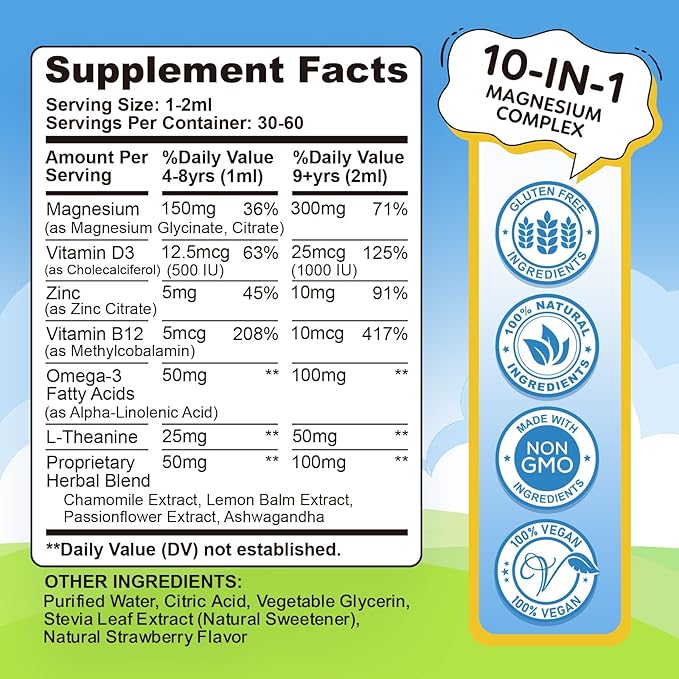 Kids Magnesium Liquid Drops - Liquid Magnesium Glycinate for Kids, Citrate Supplement with L-theanine, Omega-3, Vitamin B12, D3 for Sleep, Calm, Relaxation, Brain, Bones, Strawberry 2 Fl Oz