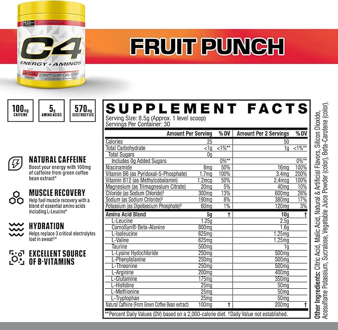 Cellucor C4 Energy + Aminos Powder | 5g BCAAs & EAAs for Muscle Recovery, 3 Electrolytes for Hydration, 100mg Natural Caffeine | Pre Workout | Zero Sugar, 30 Servings, Fruit Punch