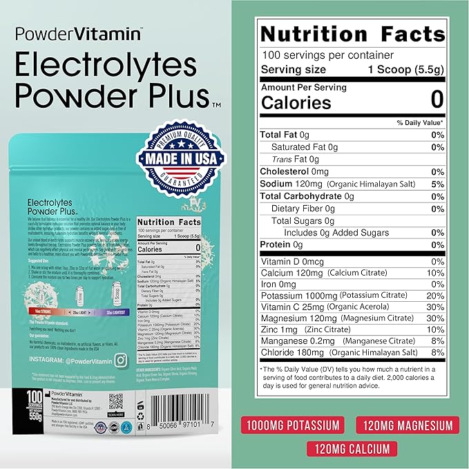 Electrolytes Powder Plus (100 Servings) Green Tea Ginseng Electrolyte Powder Keto, Sugar Free, Pink Himalayan Salt,1000mg Potassium,120mg Calcium,120mg Magnesium, Hydration Powder
