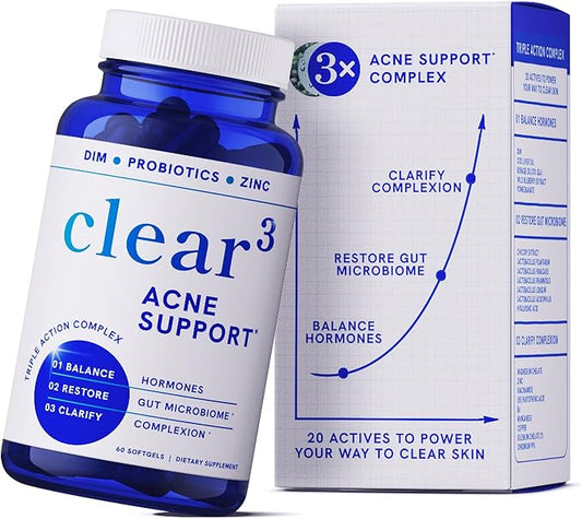 Clear Skin Acne Supplement with Zinc, DIM & Probiotics | 3-in-1 Balance, Clarify, Restore Support with Hyaluronic Acid & Skin Support Vitamins | for Women & Men | Oral Hormonal Acne Pills | 60 Ct