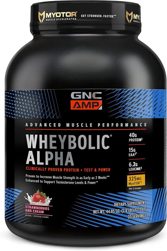 GNC AMP Wheybolic Alpha Clinically Proven Protein Powder, Muscle Strength, Boost Testosterone, 40g Protein, 6.2g Leucine, 15g EAAs, Creatine, 3rd Party Tested, Strawberries & Cream, 22 SVG