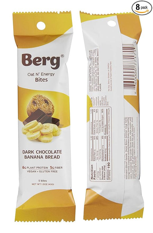 Berg Oat N' Energy Bites - Dark Chocolate Banana Bread - Non-GMO, Gluten Free, Dairy Free, Soy Free and Vegan - Clean Energy Snack - 1.5oz, (8 Pack)