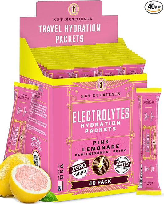 KEY NUTRIENTS Electrolytes Powder Packets - Fresh Pink Lemonade 40 Pack Hydration Packets - Travel Hydration Powder - No Sugar, No Calories, Gluten Free - Made in USA