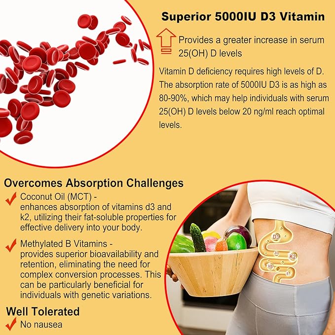 Vitamin D3 5000IU + K2 (MK-7) 120mcg, Sugar-Free Vitamin D3 K2 Filled Gummies with Vitamin B Complex - Methyl B12, B9, B6 | Vitamin E & Zinc, MCT Oil - Supports Bone & Teeth Strength, Immune, 1PACK