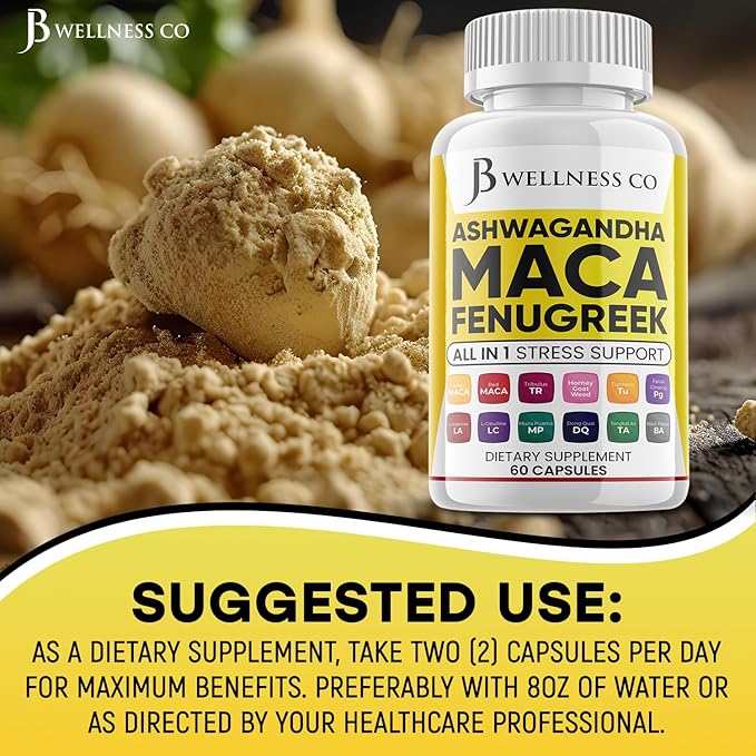 Ashwagandha Maca Root, Fenugreek Supplement with Tongkat Ali Ginseng - Assists with Mood & Thyroid Health - 60 Count
