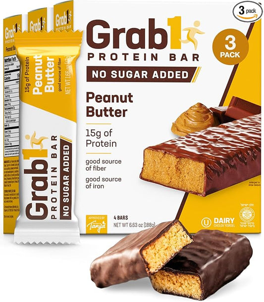 Grab1 Sugar Free Protein Bars, Peanut Butter (3 Pack- 12 Bars) | 7g Fiber | Delicious and Nutritious | Low Calorie | Zero Sugar