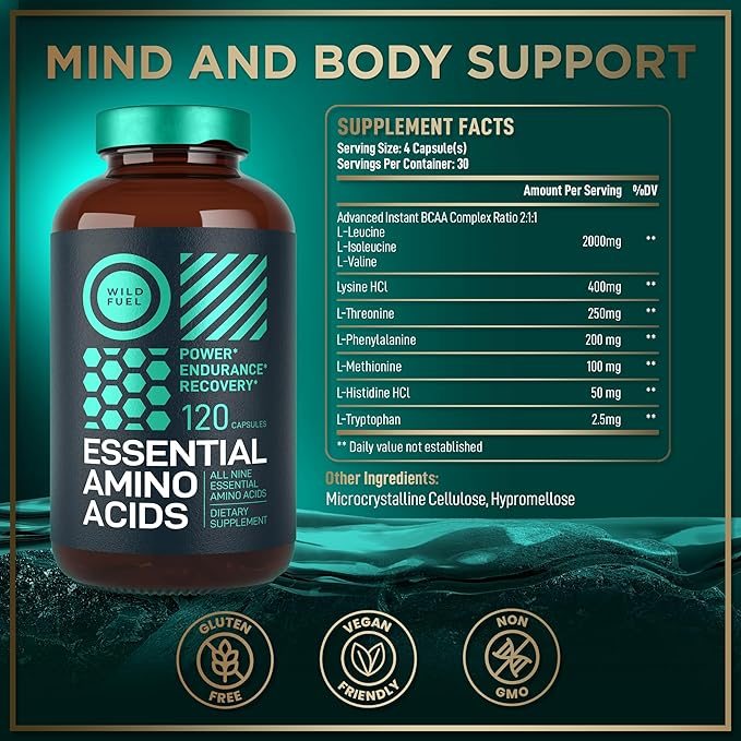 Essential Amino Acids Supplement – 3,000mg Leucine, Lysine, Isoleucine, Tryptophan Complete Complex - All 9 Best Amino Acids for Muscle Growth, Power, Recovery - 120 Vegan, Keto-Friendly BCAA Capsules