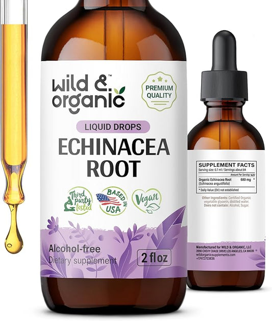 Wild & Organic Echinacea Tincture - Immune Support Drops with Liquid Echinacea Root Extract - Angustifolia Supplements - Vegan, Sugar & Alcohol-Free - 2 fl oz