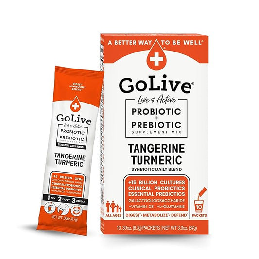 GoLive Prebiotic and Probiotic for Women, Men, Kids. Tangerine Turmeric Synbiotic Powder w/ L-Glutamine, Vitamin D3, Electrolytes. For Gut Health, Digestion, Metabolism, Immunity 15-50B CFUs.