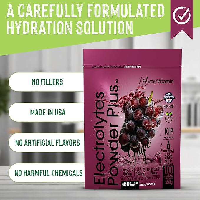 Electrolytes Powder Plus (100 Servings) Grape Electrolyte Powder Zero Calorie Keto, 0 Sugar, No Maltodextrin,1000mg Potassium,120mg Calcium,120mg Magnesium, Hydration Powder