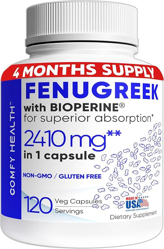 Fenugreek Capsules, 2410mg Per Capsule, 120 Count, Fenugreek Pills with Bioperine for Superior Absorption, Non-GMO, Gluten Free Fenugreek Seeds Extract Supplements, Fenogreco Capsulas