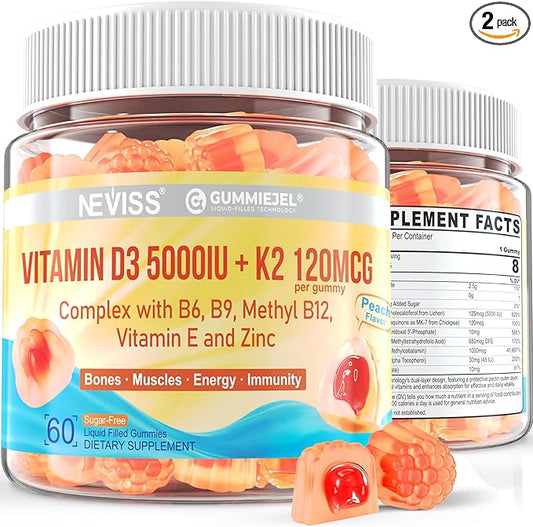 Vitamin D3 5000IU + K2 (MK-7) 120mcg, Sugar-Free Vitamin D3 K2 Filled Gummies with Vitamin B Complex - Methyl B12, B9, B6 | Vitamin E & Zinc, MCT Oil - Supports Bone & Teeth Strength, Immune, 2PACK