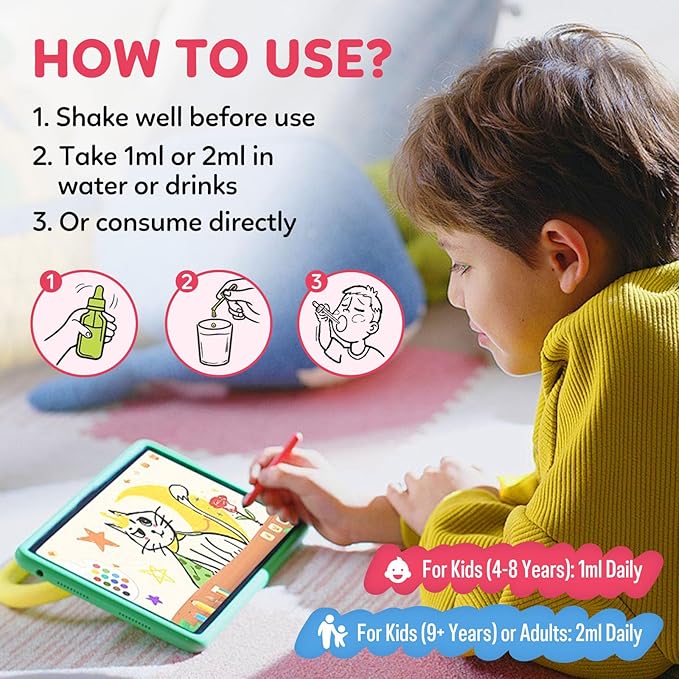 Kids Magnesium Liquid Drops - Liquid Magnesium Glycinate for Kids, Citrate Supplement with L-theanine, Omega-3, Vitamin B12, D3 for Sleep, Calm, Relaxation, Brain, Bones, Strawberry 2 Fl Oz