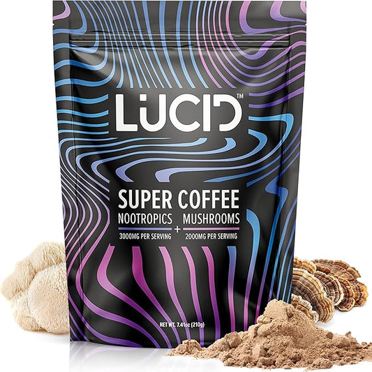 Lucid Superfood Organic Mushroom Coffee with Nootropics - Lion's Mane, Tremella, Cordyceps & Turkey Tail - Instant Mushroom Coffee Focus Brain Health - Alpha GPC, L-Theanine, Ginko Biloba - USA Made