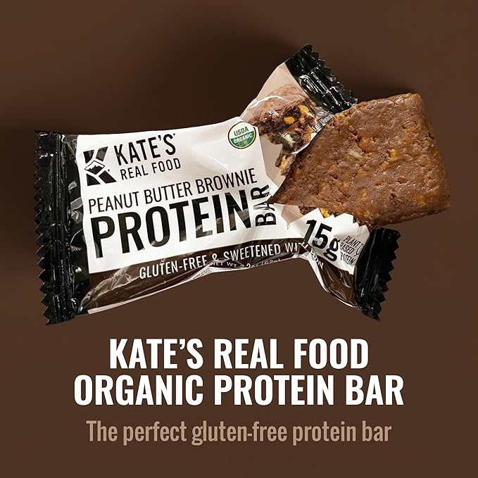 Kate’s Real Food Organic Protein Bars – (Peanut Butter Brownie, 2.2 oz, Pack of 12) – Plant Based Protein Bars - Gluten Free, Soy Free, Non GMO, Whole Grains, and All Natural