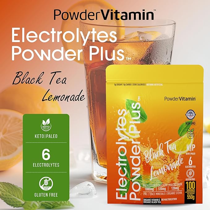 Electrolytes Powder Plus (100 Servings) Black Tea Lemonade Electrolyte Powder Zero Calorie Keto,0 Sugar, No Maltodextrin,1000mg Potassium,120mg Calcium,120mg Magnesium, Hydration Powder