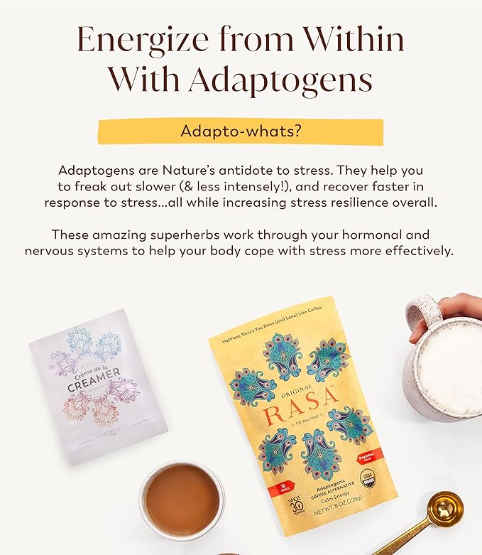 RASA Original Adaptogenic Coffee Alternative & Crème de la Creamer Bundle | Ayurveda Mushroom Wellness Tonic & Adaptogen Powdered Non-Dairy Creamer with MCT Oil — Vegan, Whole 30, Keto (30 Servings)