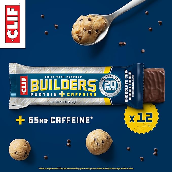 CLIF Builders + Caffeine - Chocolate Chip Cookie Dough Flavor - Plant Based Protein Bars - Gluten Free - Non-GMO - Low Glycemic - 20g Protein - 2.4 oz. (12 Count)