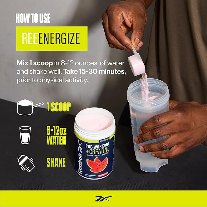 Reebok ReeEnergize Pre-Workout + Creatine | 200MG Caffeine, 3G Creatine, 4G Citrulline | Energy, Focus, Strength | Nitric Oxide Booster | 25 Servings | Sour Green Apple