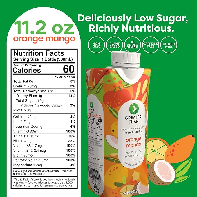 Greater Than Lactation Supplement Support, Coconut Water, Vitamins & Electrolyte Drink for Breastfeeding & Immune Support, Lactation Cookies Alt, Gluten Free, Low Sugar, 12 Pack, Orange Mango