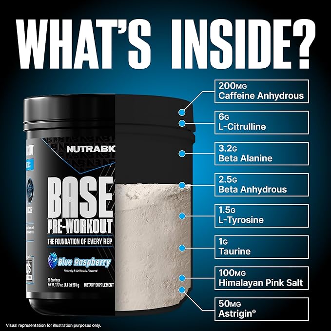NutraBio Base Pre-Workout Powder 200mg Caffiene, Sustained Energy, Focus, Endurance, Pump, Sugar Free, Clean Preworkout for Men and Women - Beta Alanine, L-Tyrosine, 30 Servings - Blue Raspberry