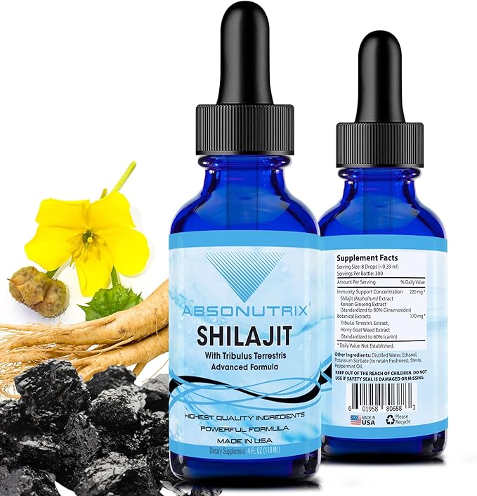 Absonutrix Shilajit with Tribulus Terrestris 390 mg, 4 Oz Liquid, 300 Servings, Made in USA, Quick Absorption, Quality Potent Ingredients, Non-GMO, GMP Certified Facility, Cruelty-Free Products
