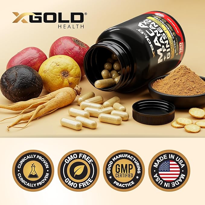 Maca Root Capsules 10,000mg + Korean Panax Ginseng 1,400mg - 20x Concentrated Extract Black + Red + Yellow Maca Root, 10x Concentrated Extract Panax Ginseng Capsules - Ultra Potent & Highly Purified